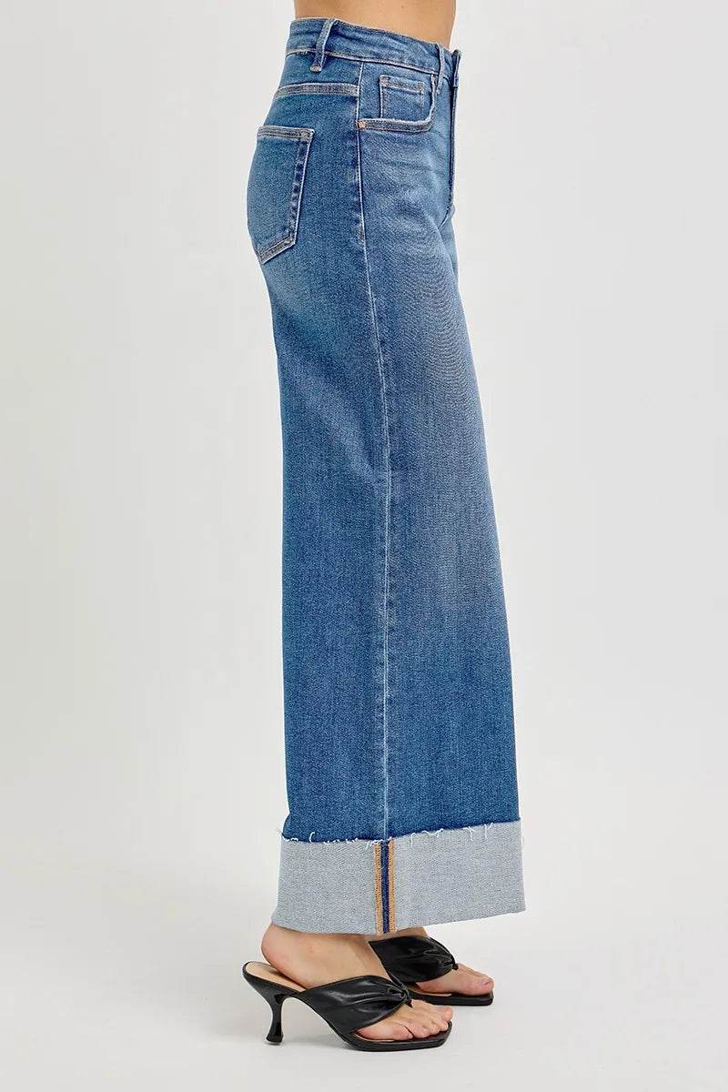 RISEN Full Size Tummy Control High Rise Crop Wide Cuffed Jeans Plus Size - Tredona LLC