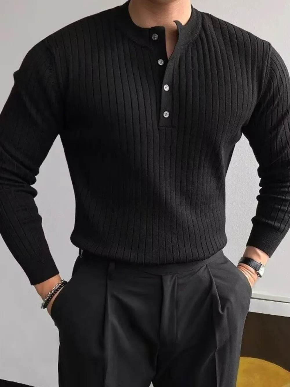 Button Detail Ribbed Long Sleeve Men's Knit Top - Tredona LLC