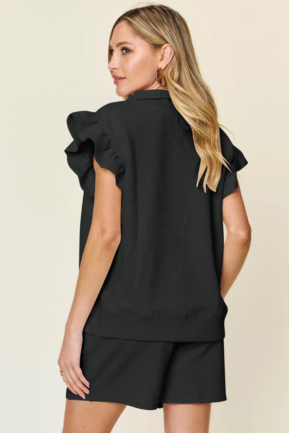 Double Take Full Size Texture Flounce Sleeve Top and Drawstring Shorts Set - Tredona LLC