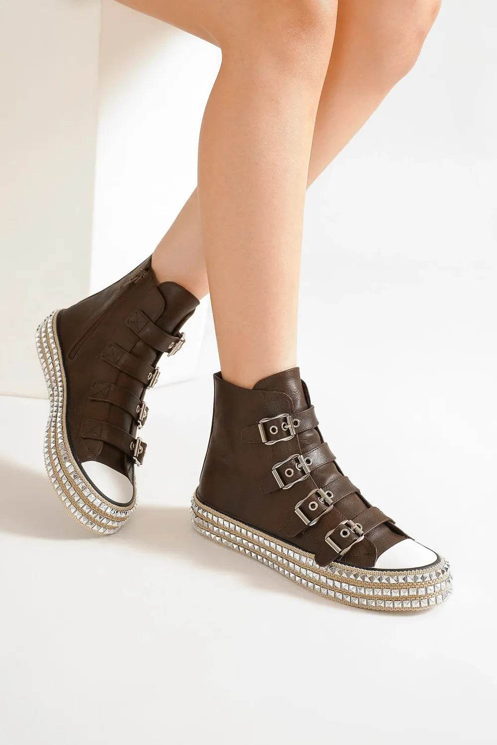 Beast Fashion Multi-Buckle Straps Studded Platform Sneakers - Tredona LLC