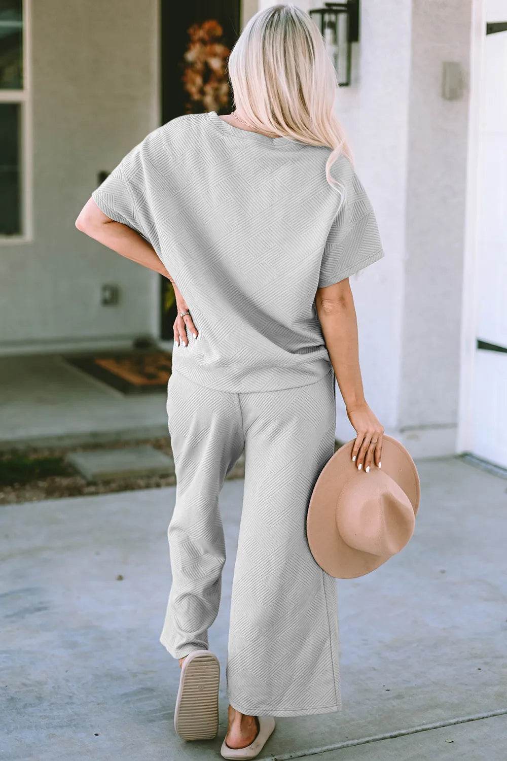 Double Take Full Size Texture Short Sleeve Top and Pants Set - Tredona LLC