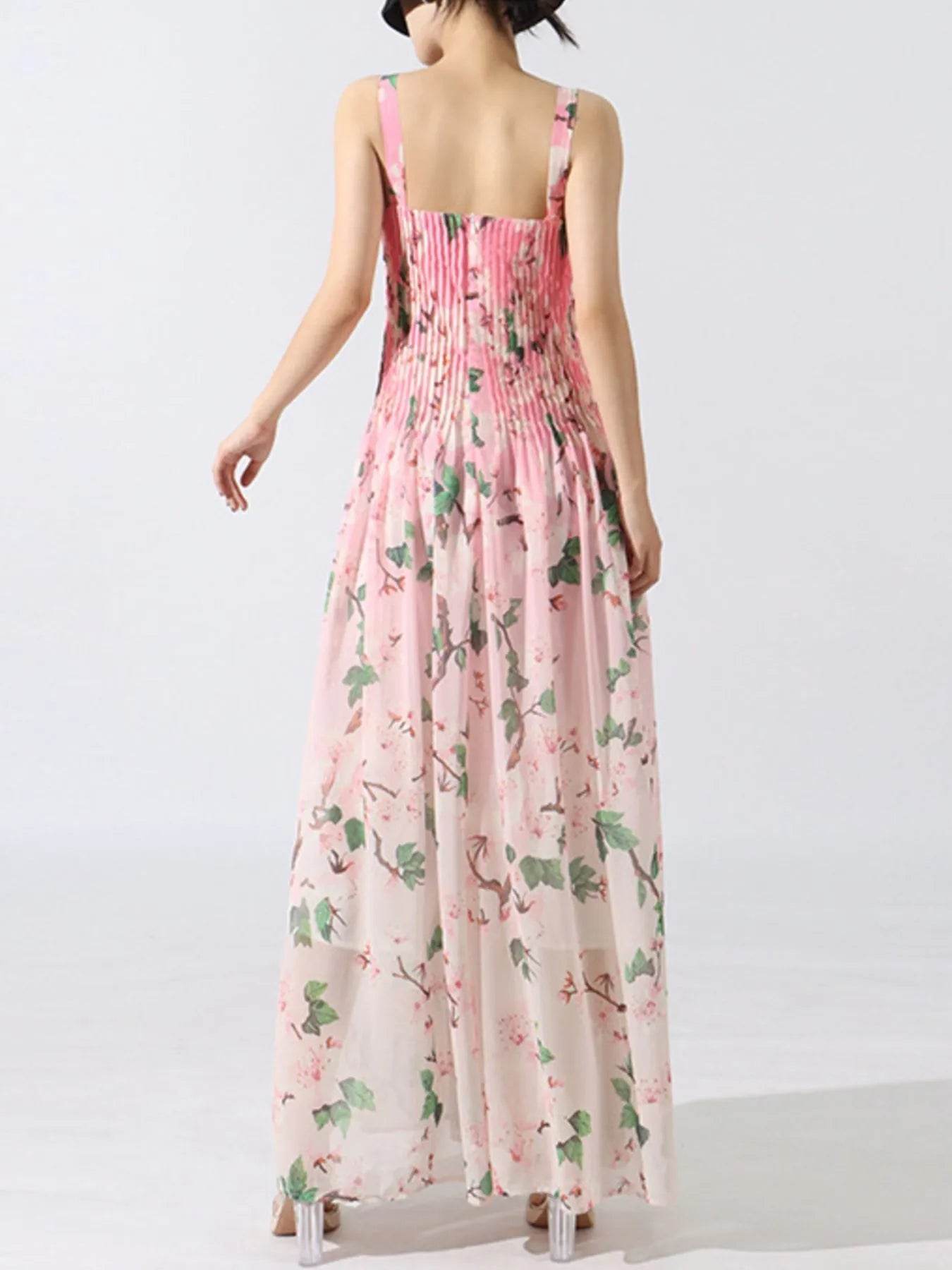 Floral Print Pleated Maxi Dress - Tredona LLC