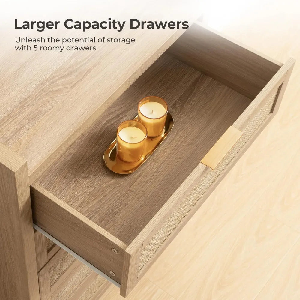 SICOTAS Dresser for Bedroom Chest of Drawers 46 Tall Dresser for Closet with 5 Rattan Drawers Boho Night Stand Large Clothes Sto