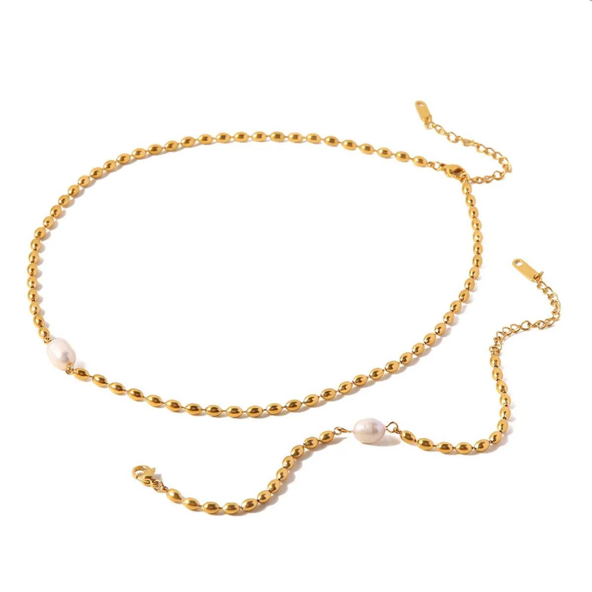 Pearl and Gold Chain Jewelry Set with Necklace and Bracelet - Tredona LLC