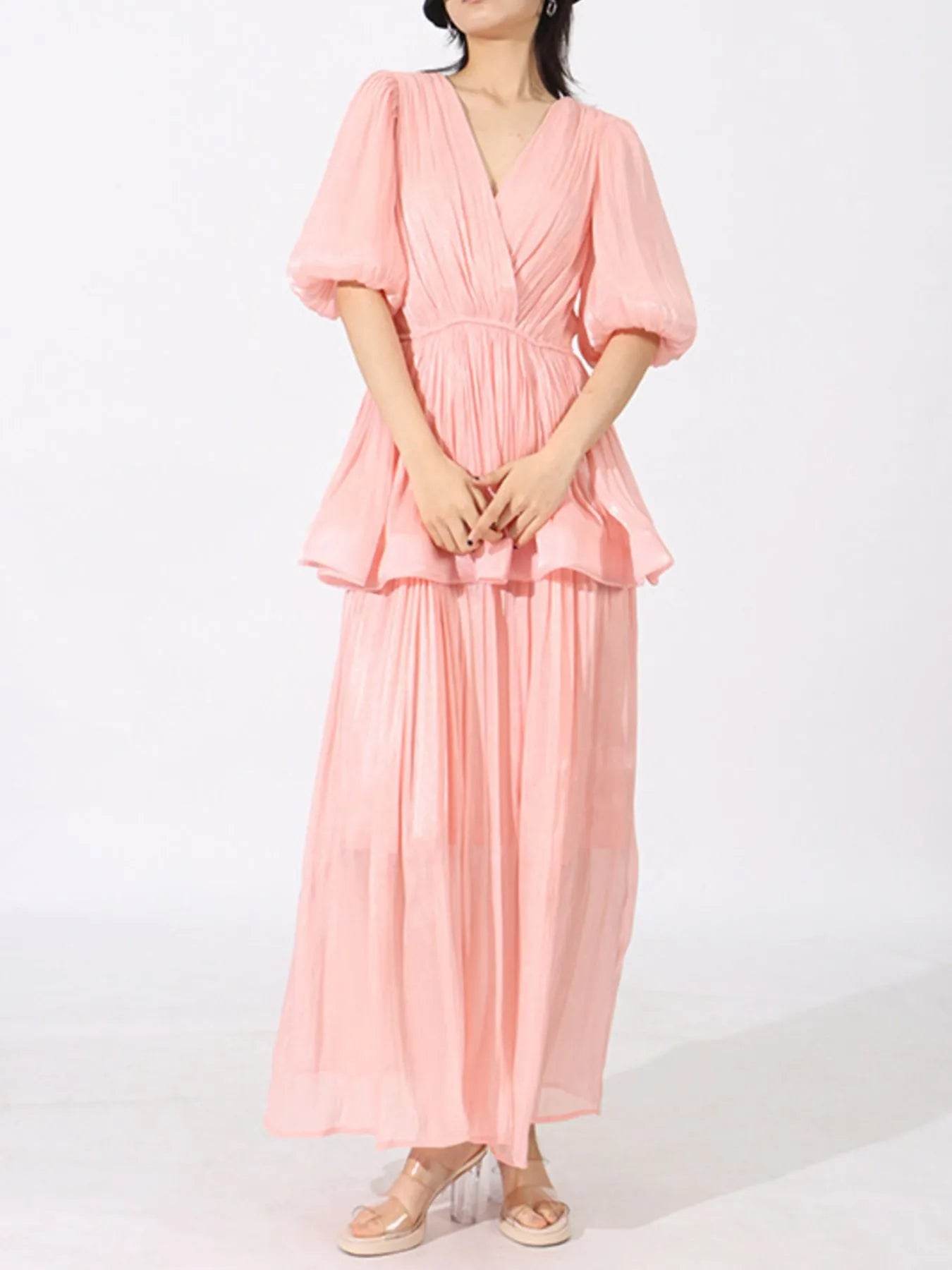 Layered Surplice Puff Sleeve Maxi Dress - Tredona LLC