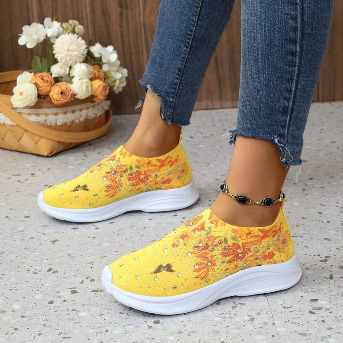 Rhinestone Floral Print Sneakers - Tredona LLC