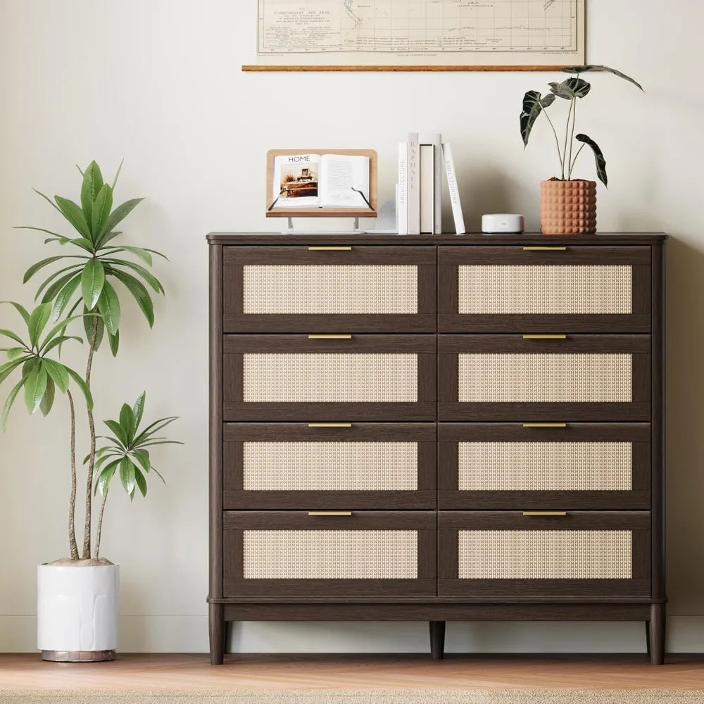 LINSY HOME Rattan Dresser for Bedroom with 8 Drawers, 54 Wide Chest of Drawers, Mid Century Modern Dresser TV Stand with Metal H