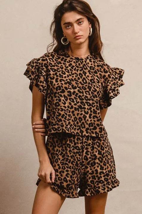 BiBi Leopard Print Waffle Texture Layered Ruffle Sleeve Top and Shorts Set - Tredona LLC