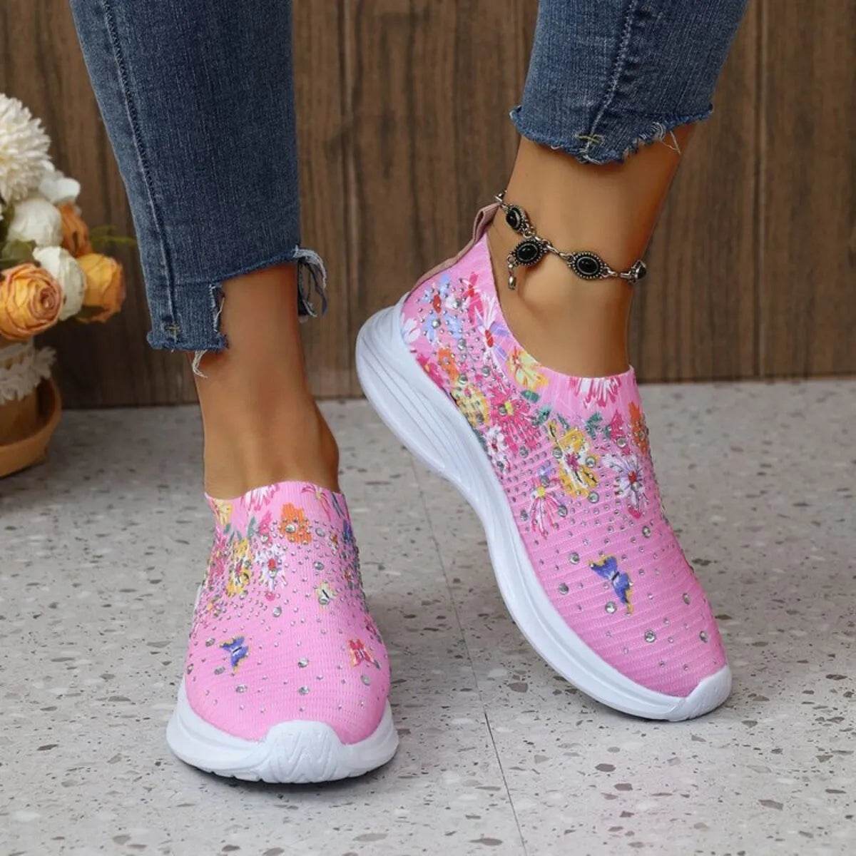Rhinestone Floral Print Sneakers - Tredona LLC