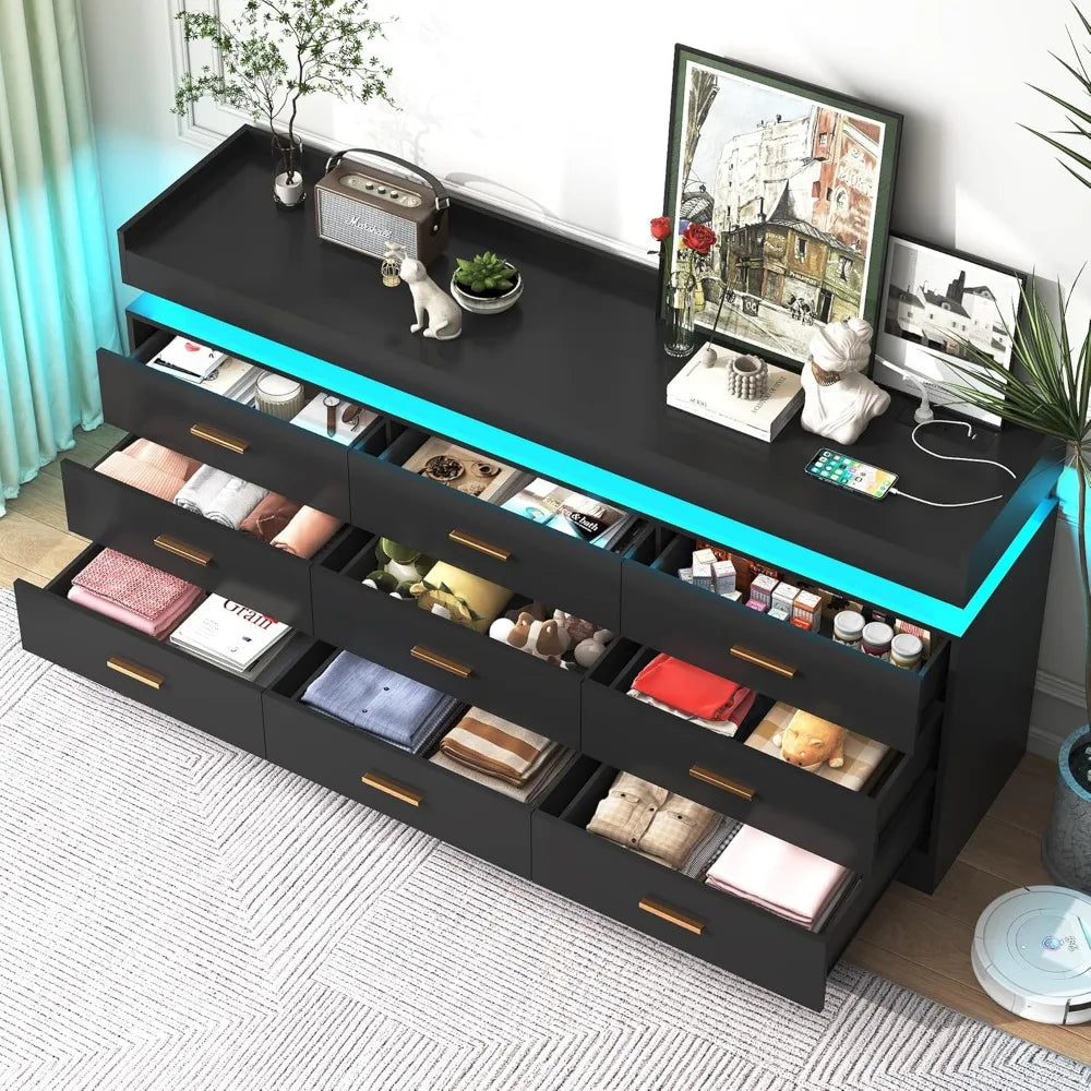 Modern LED-lit 9-Drawer Dresser with Built-in Charging Station and Power Outlet for Bedroom Organization