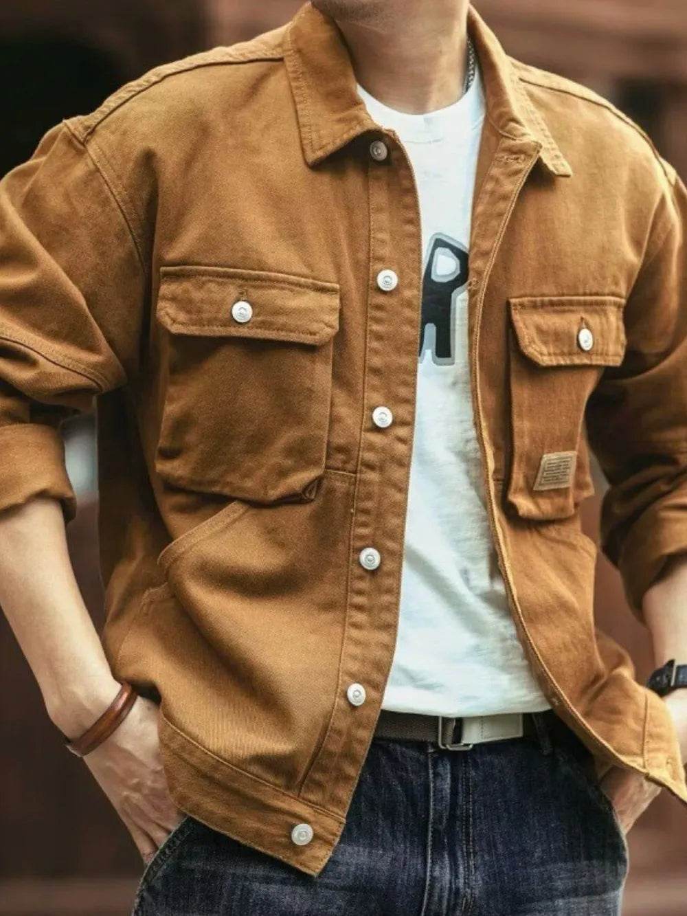 Men's Washed Collared Neck Cargo Jacket - Tredona LLC