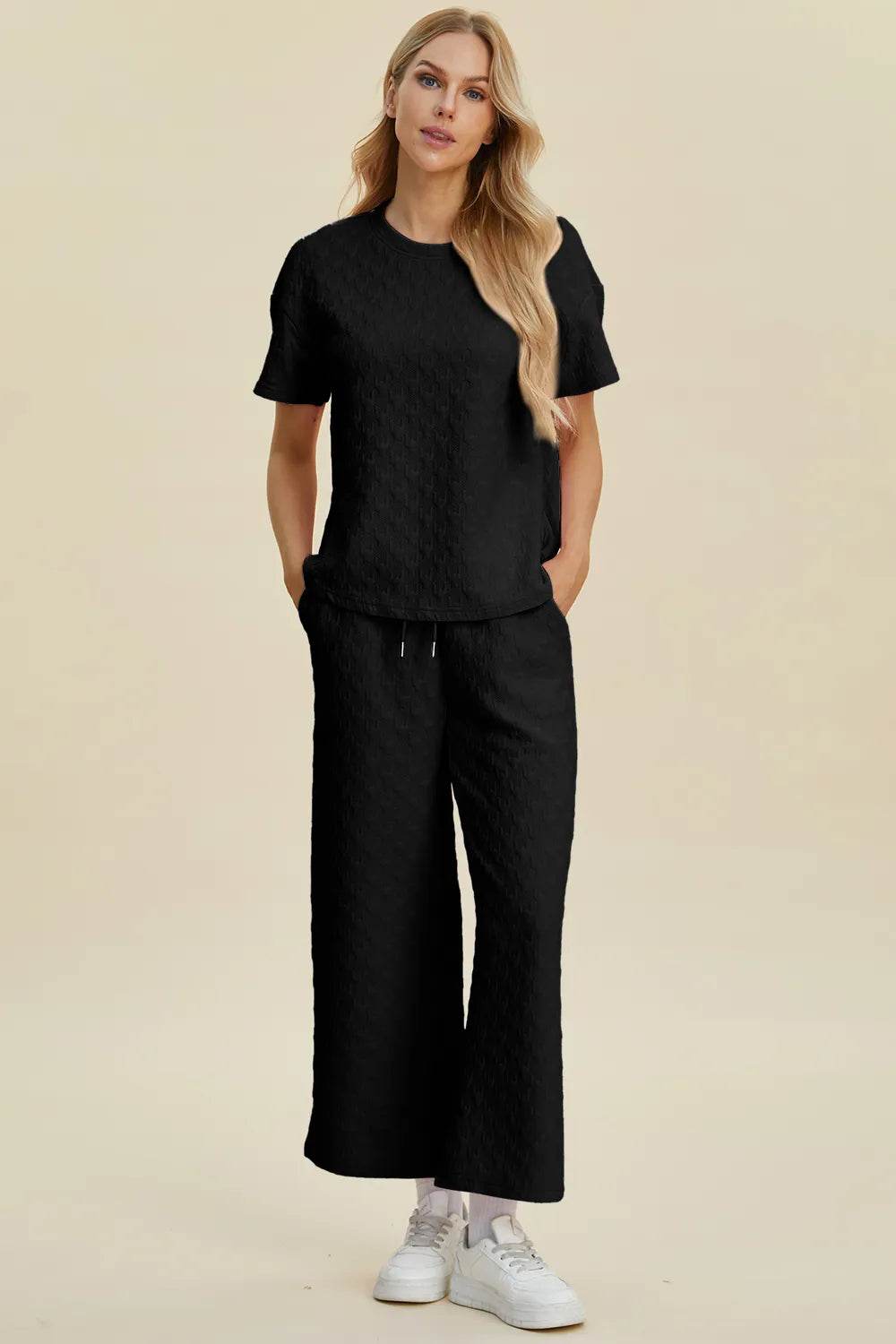 Double Take Full Size Texture Round Neck Short Sleeve Top and Pants Set - Tredona LLC