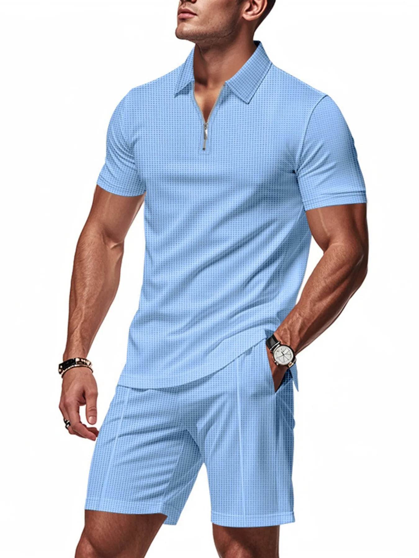 Men's Plus Size Quarter Zip Short Sleeve Top and Shorts Set - Tredona LLC