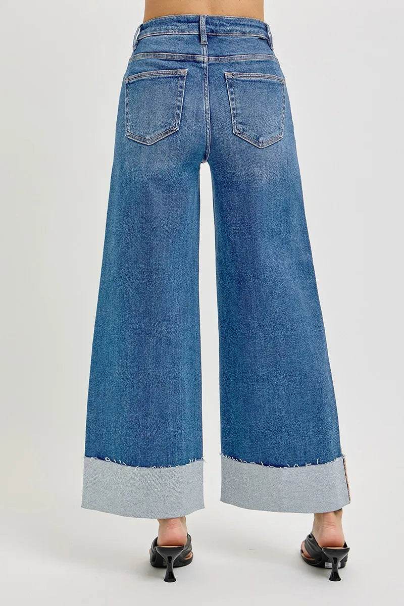 RISEN Full Size Tummy Control High Rise Crop Wide Cuffed Jeans Plus Size - Tredona LLC