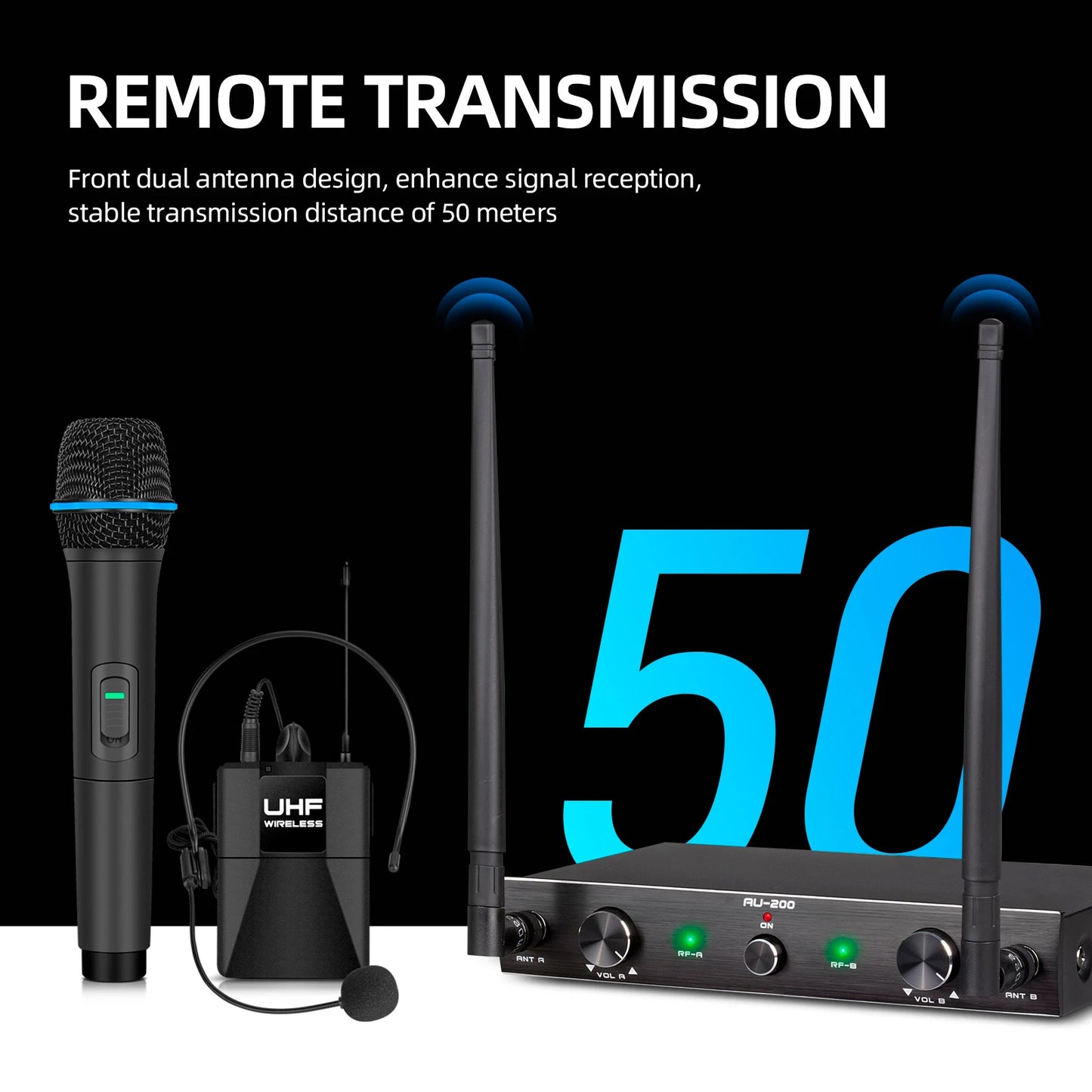Professional UHF Wireless Microphone System 2 Channels 50m Range with Receiver for Karaoke Singing Home Party Performance 500-59