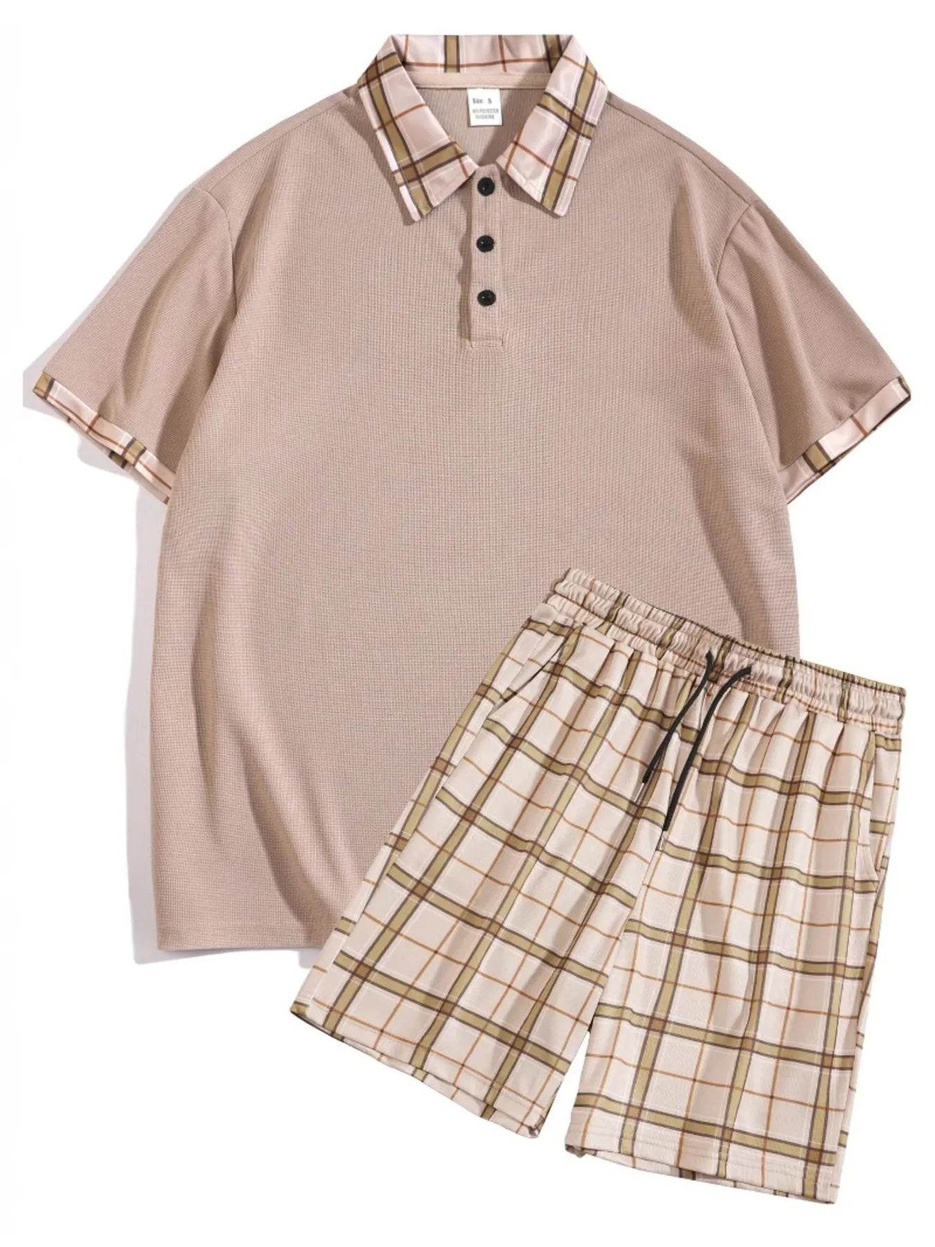 Men's Full Size Classic Plaid Collar Polo and Shorts Set Plus Size - Tredona LLC
