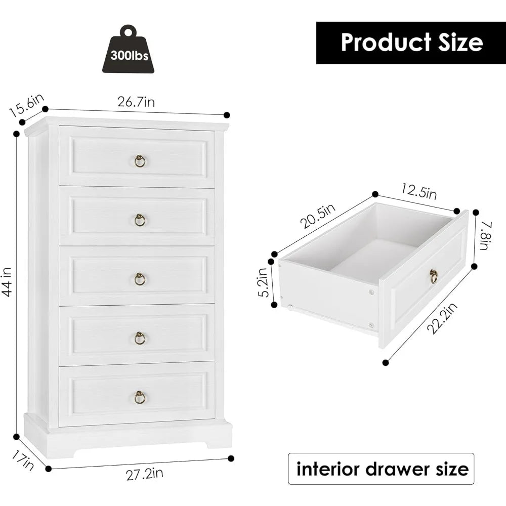 HOSTACK 5 Drawers Dresser for Bedroom, 44 Tall White Dresser with 5 Drawers, White Chest of Drawers with Storage, Modern Farmhou