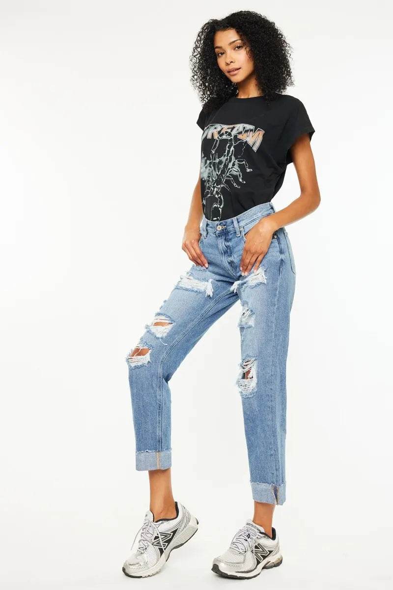 Kancan Mid Rise Distressed Boyfriend Fit Jeans - Tredona LLC