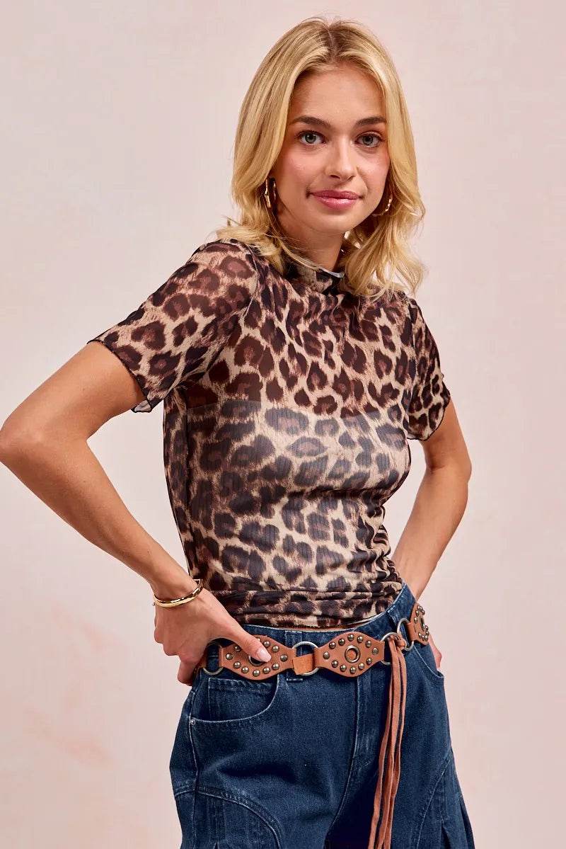 BiBi High Neck Leopard Mesh Short Sleeves Top - Tredona LLC