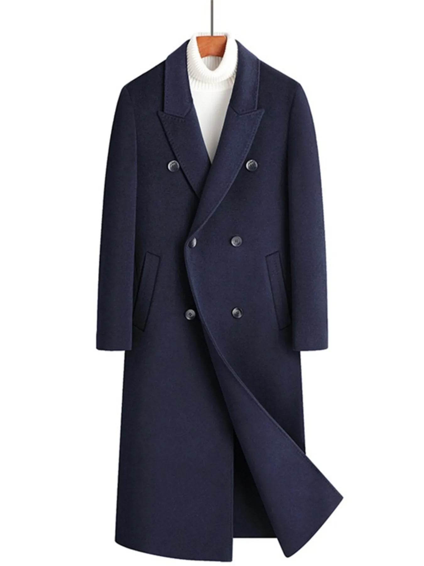 Men's Plus Size Double-Breasted Long Wool Coat - Tredona LLC
