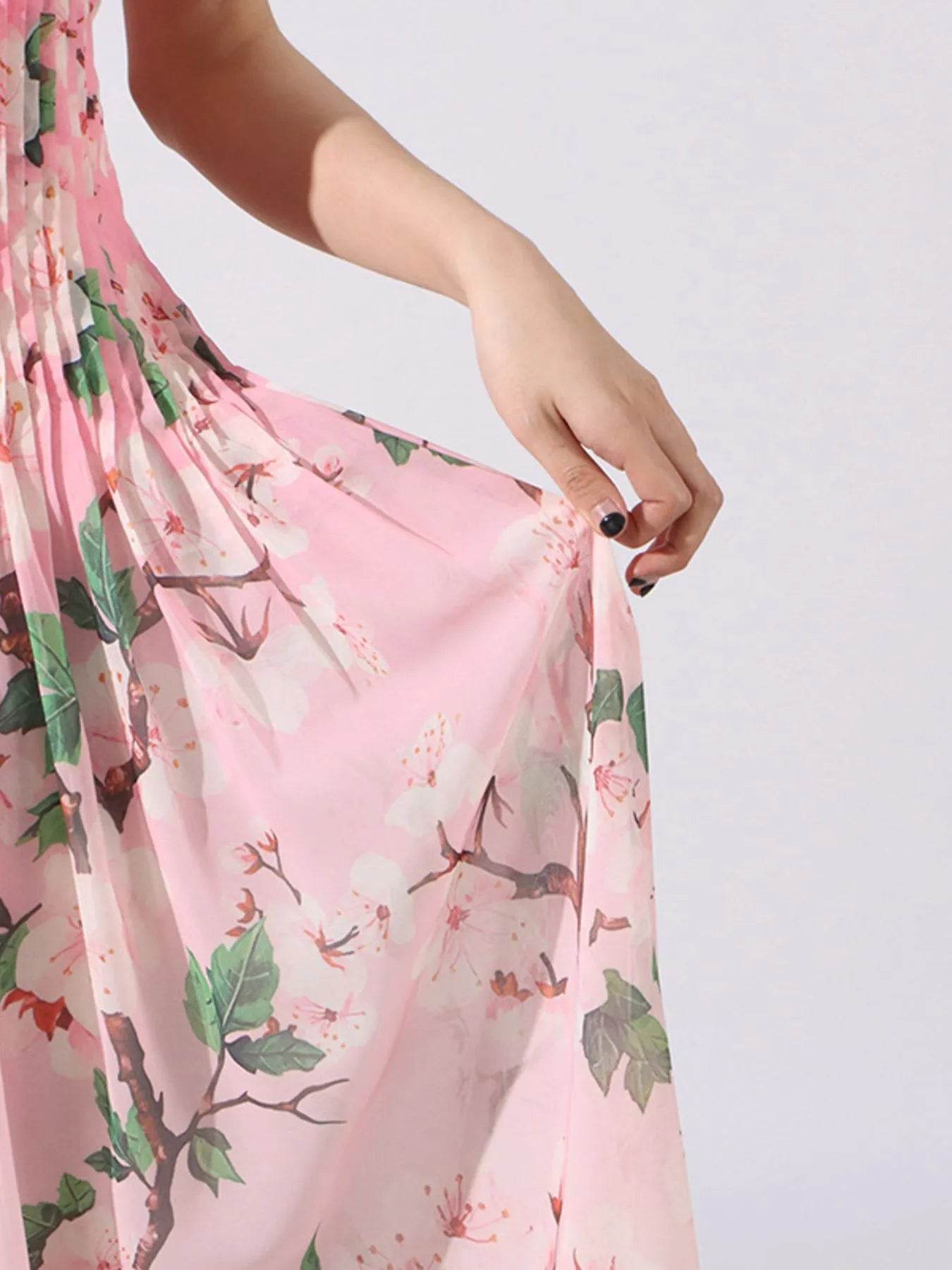 Floral Print Pleated Maxi Dress - Tredona LLC