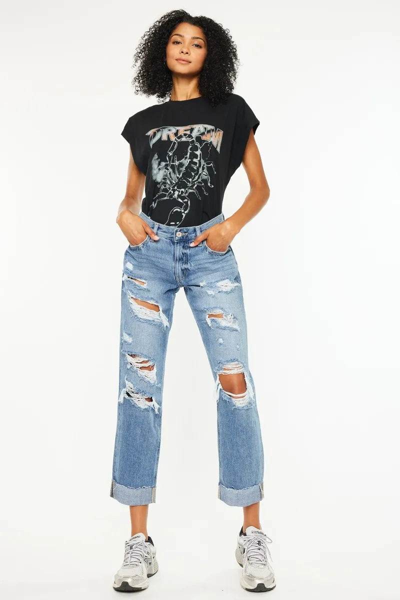 Kancan Mid Rise Distressed Boyfriend Fit Jeans - Tredona LLC