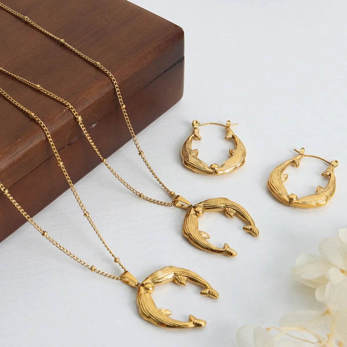 Gold Dolphin Jewelry Set with Necklace and Earrings - Tredona LLC