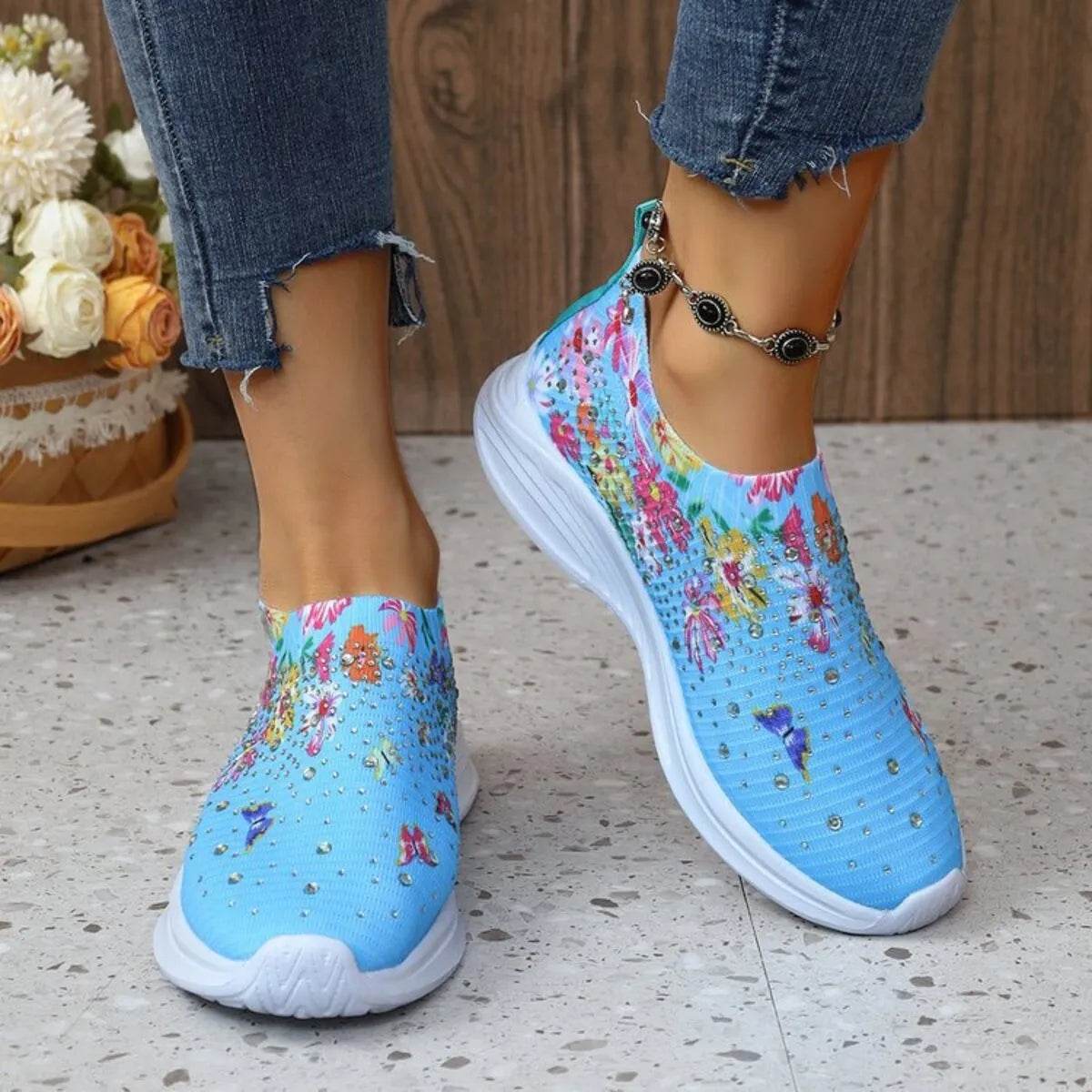Rhinestone Floral Print Sneakers - Tredona LLC