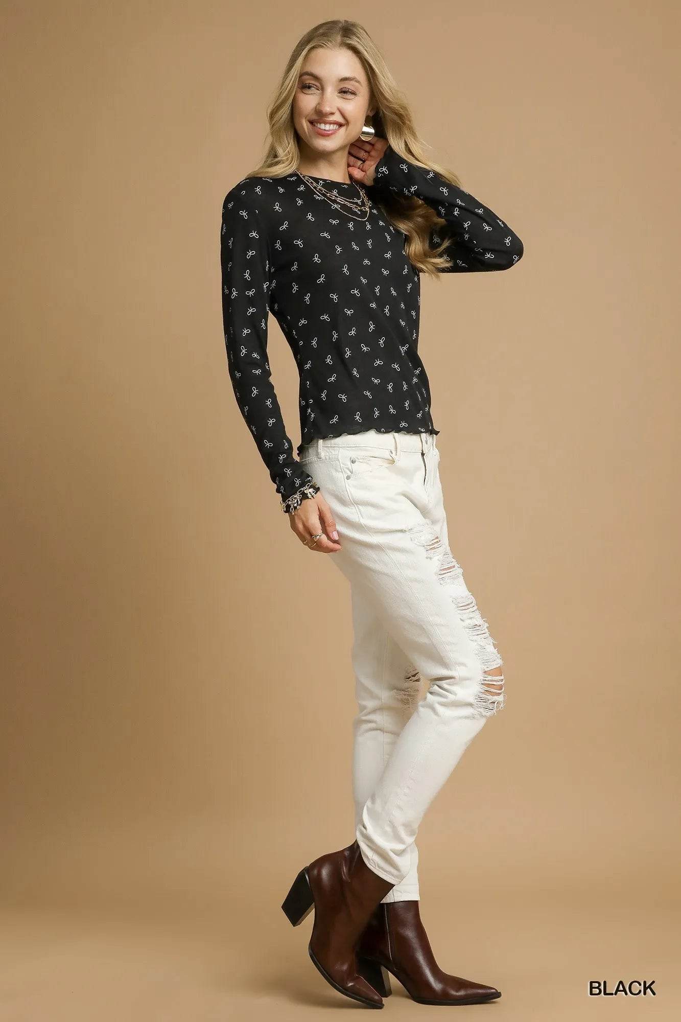 Umgee Bow Print Lightweight Knit Top - Tredona LLC