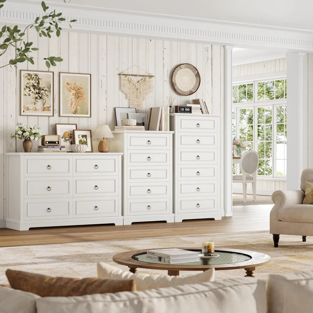 HOSTACK 5 Drawers Dresser for Bedroom, 44 Tall White Dresser with 5 Drawers, White Chest of Drawers with Storage, Modern Farmhou