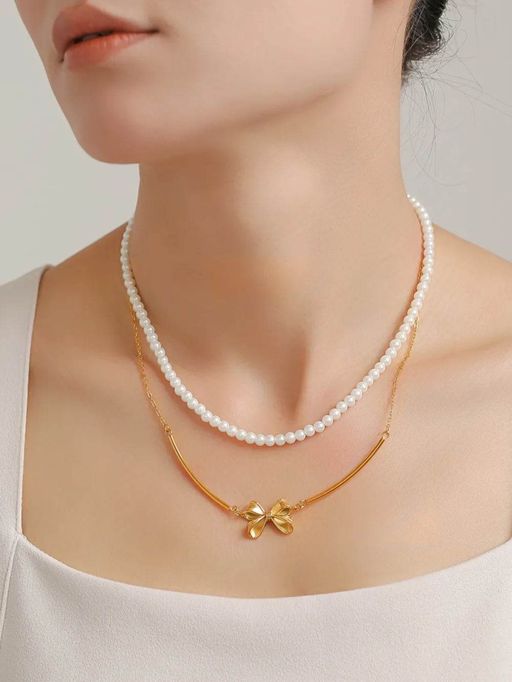 3 Piece Pearl Necklace, Bow Necklace and Stud Earrings Jewelry Set - Tredona LLC