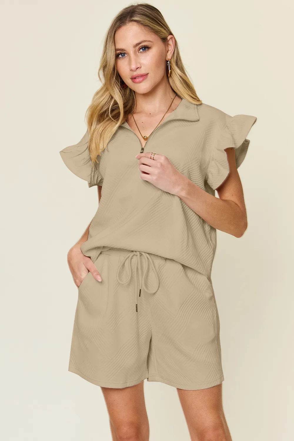 Double Take Full Size Texture Flounce Sleeve Top and Drawstring Shorts Set - Tredona LLC