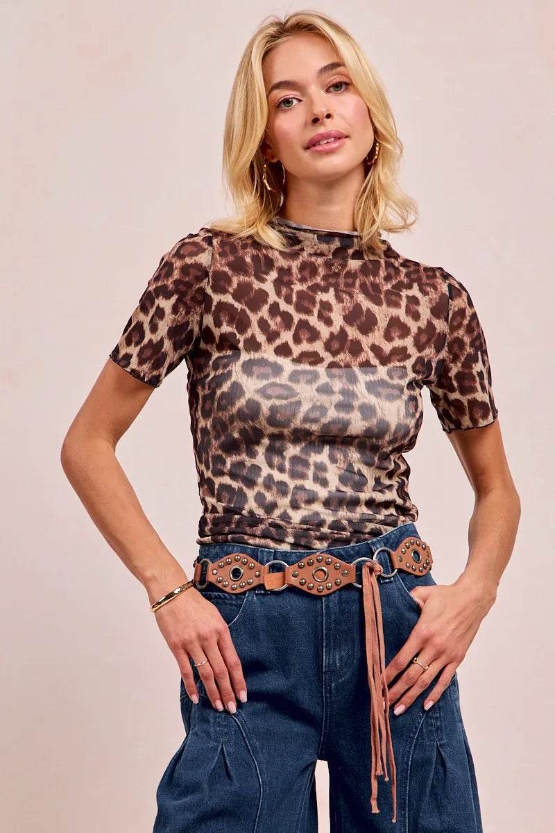 BiBi High Neck Leopard Mesh Short Sleeves Top - Tredona LLC
