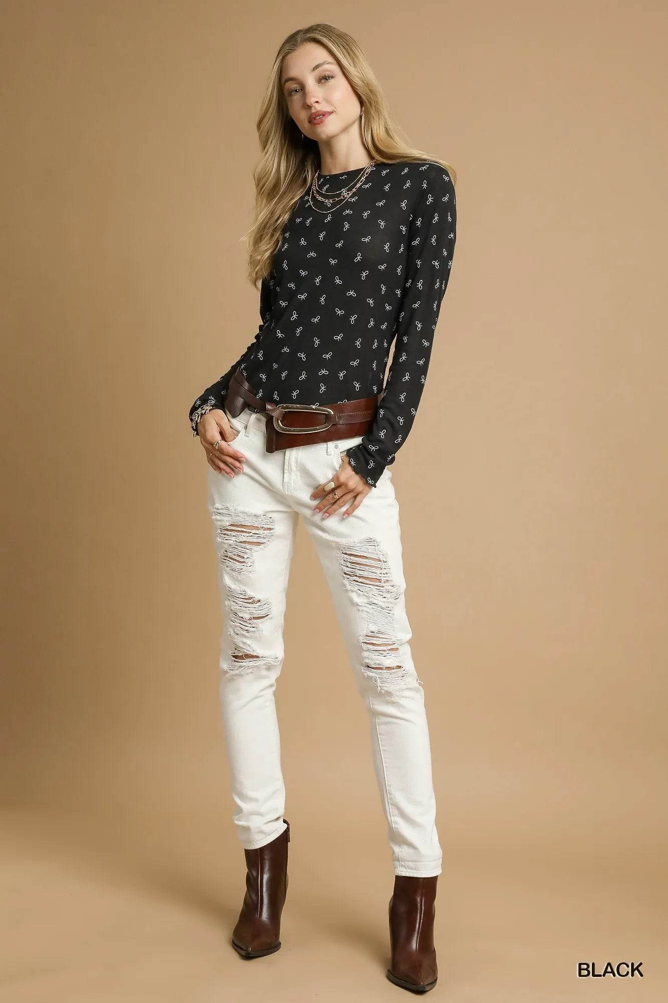 Umgee Bow Print Lightweight Knit Top - Tredona LLC