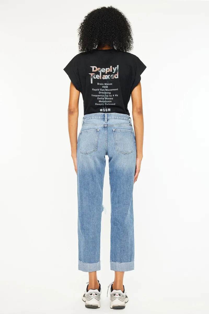 Kancan Mid Rise Distressed Boyfriend Fit Jeans - Tredona LLC