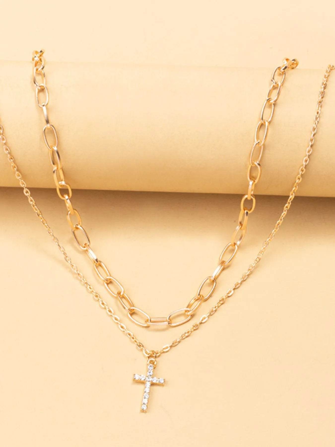 Double Layered Inlaid Zircon Cross Pendant Necklace - Tredona LLC