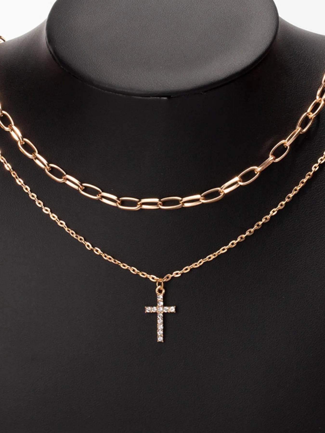Double Layered Inlaid Zircon Cross Pendant Necklace - Tredona LLC
