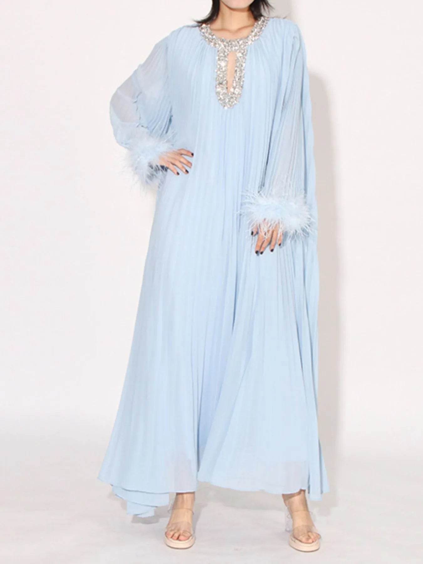Rhinestone Long Sleeve Maxi Dress - Tredona LLC