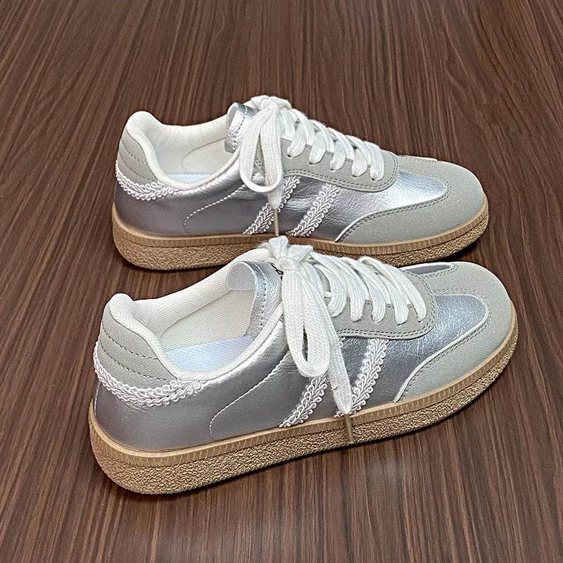 Contrast Lace Up Round Toe Sneakers - Tredona LLC