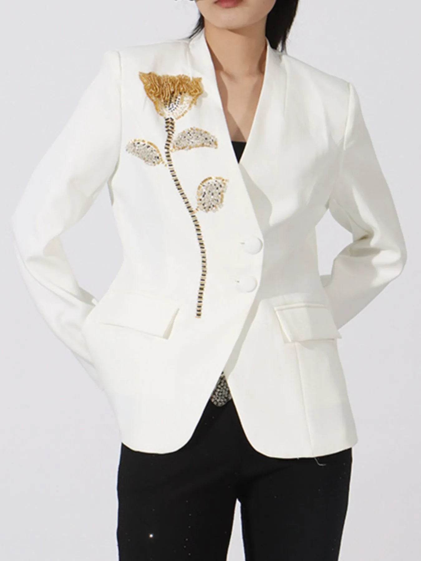 Flower Button Front Long Sleeve Blazer - Tredona LLC