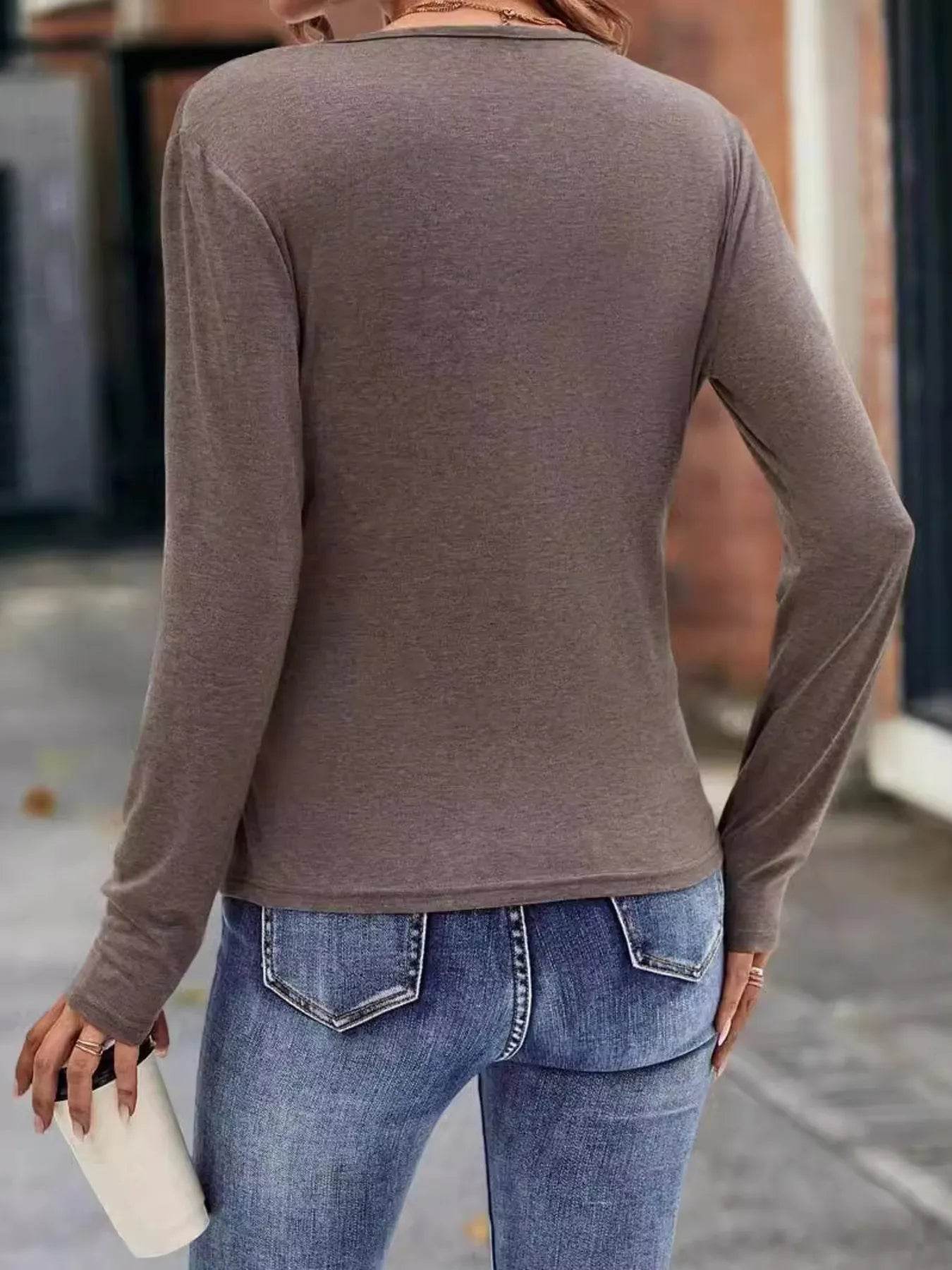 Ruched Surplice Long Sleeve T-Shirt - Tredona LLC