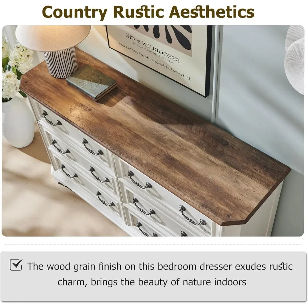 T4TREAM Farmhouse 6 Drawers Dresser for Bedroom, 54 Wide Wood Rustic Chest of Drawers with Natural Texture, Vintage Design, Stor