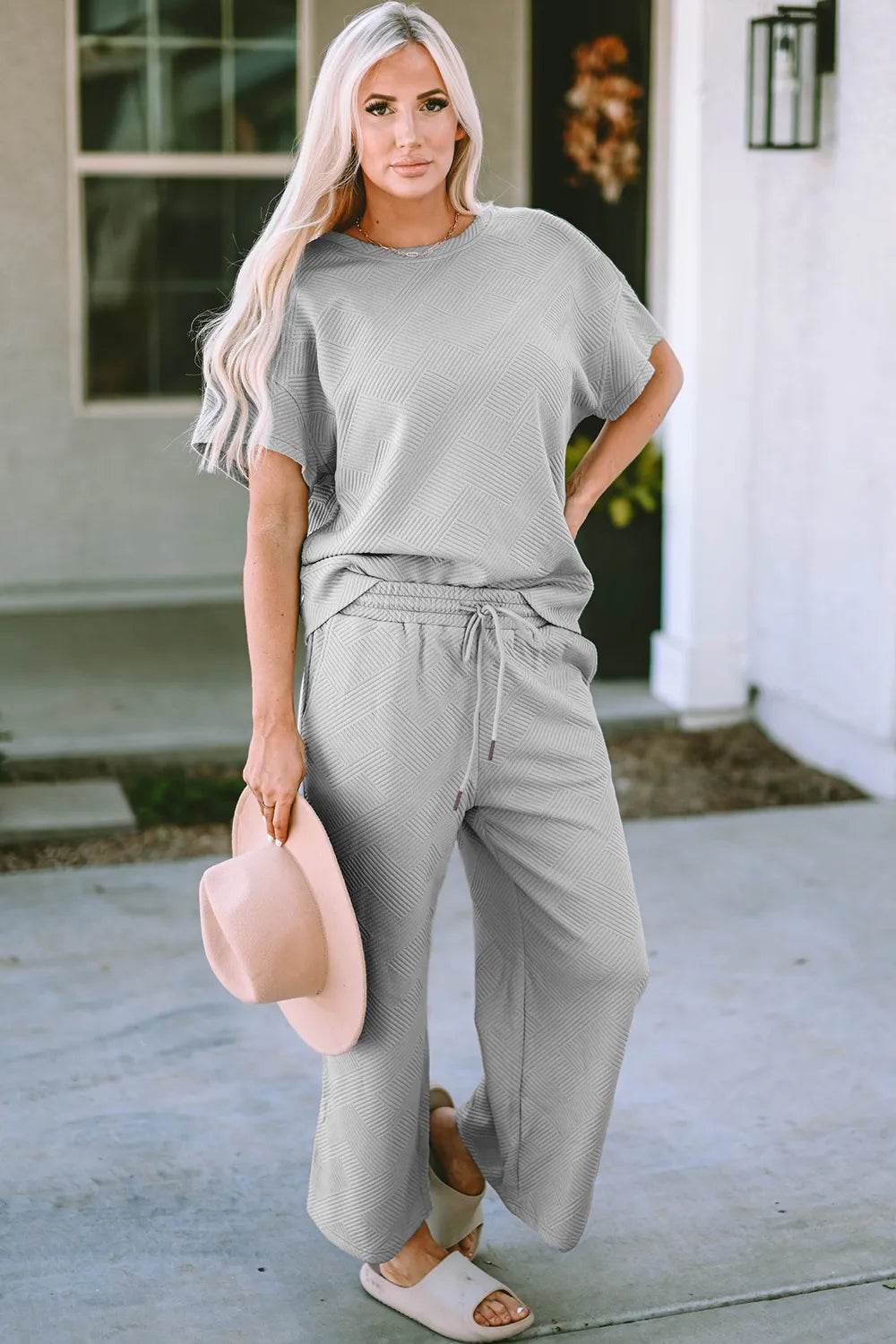 Double Take Full Size Texture Short Sleeve Top and Pants Set - Tredona LLC