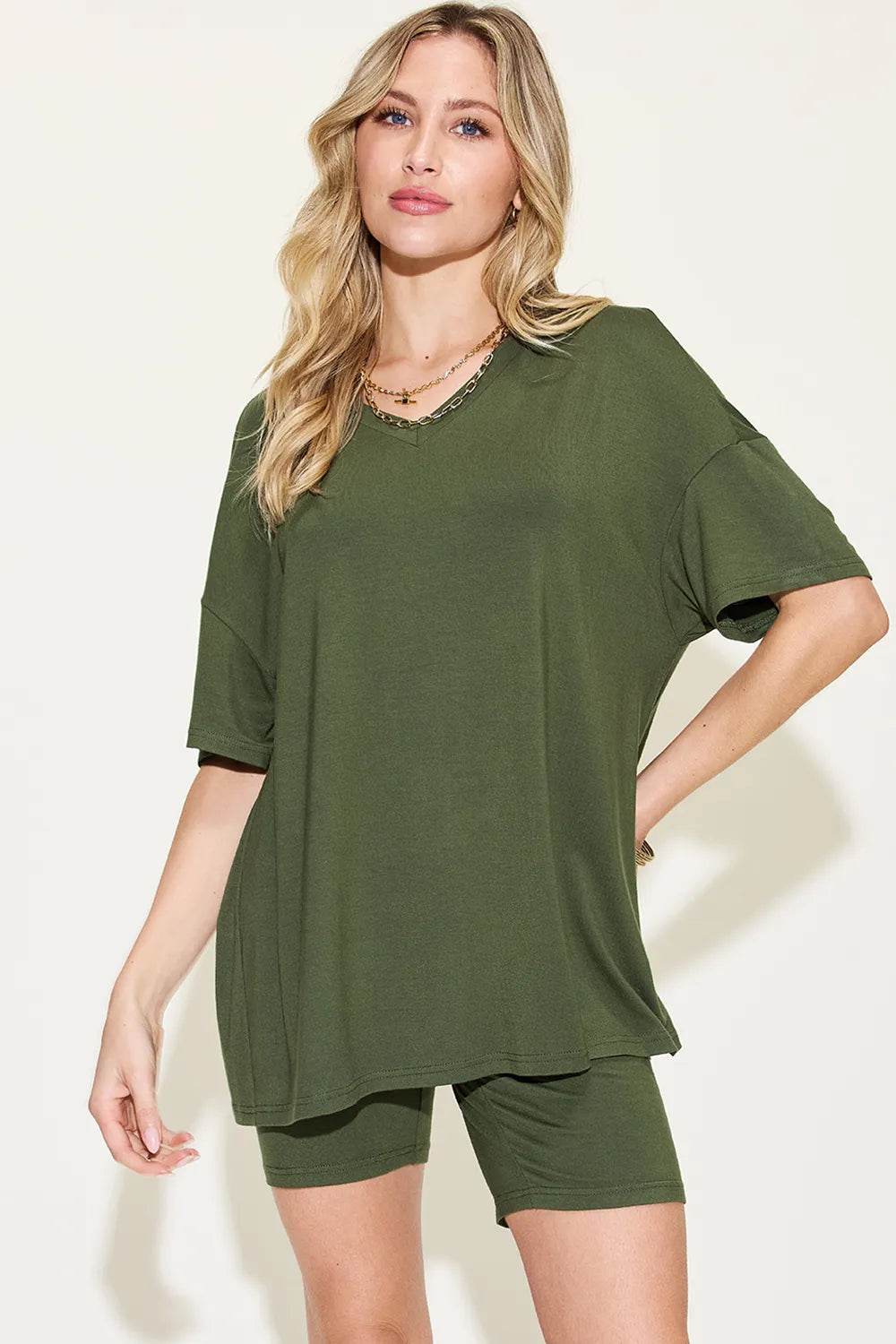 Basic Bae Full Size V-Neck Drop Shoulder T-Shirt and Shorts Set - Tredona LLC