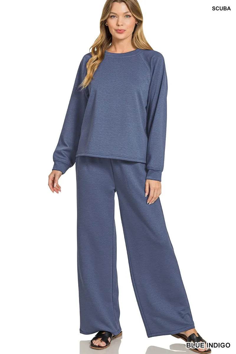 Zenana Scuba Crewneck Sweatshirt and Pants Set - Tredona LLC