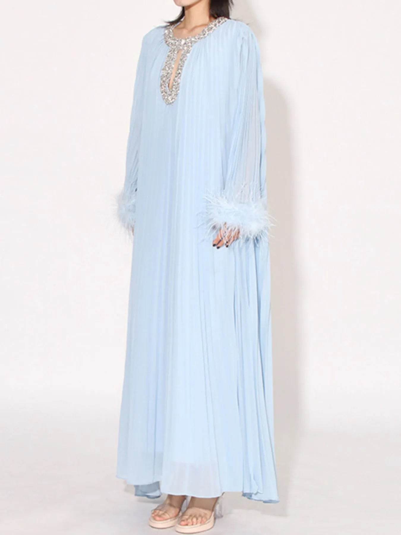 Rhinestone Long Sleeve Maxi Dress - Tredona LLC