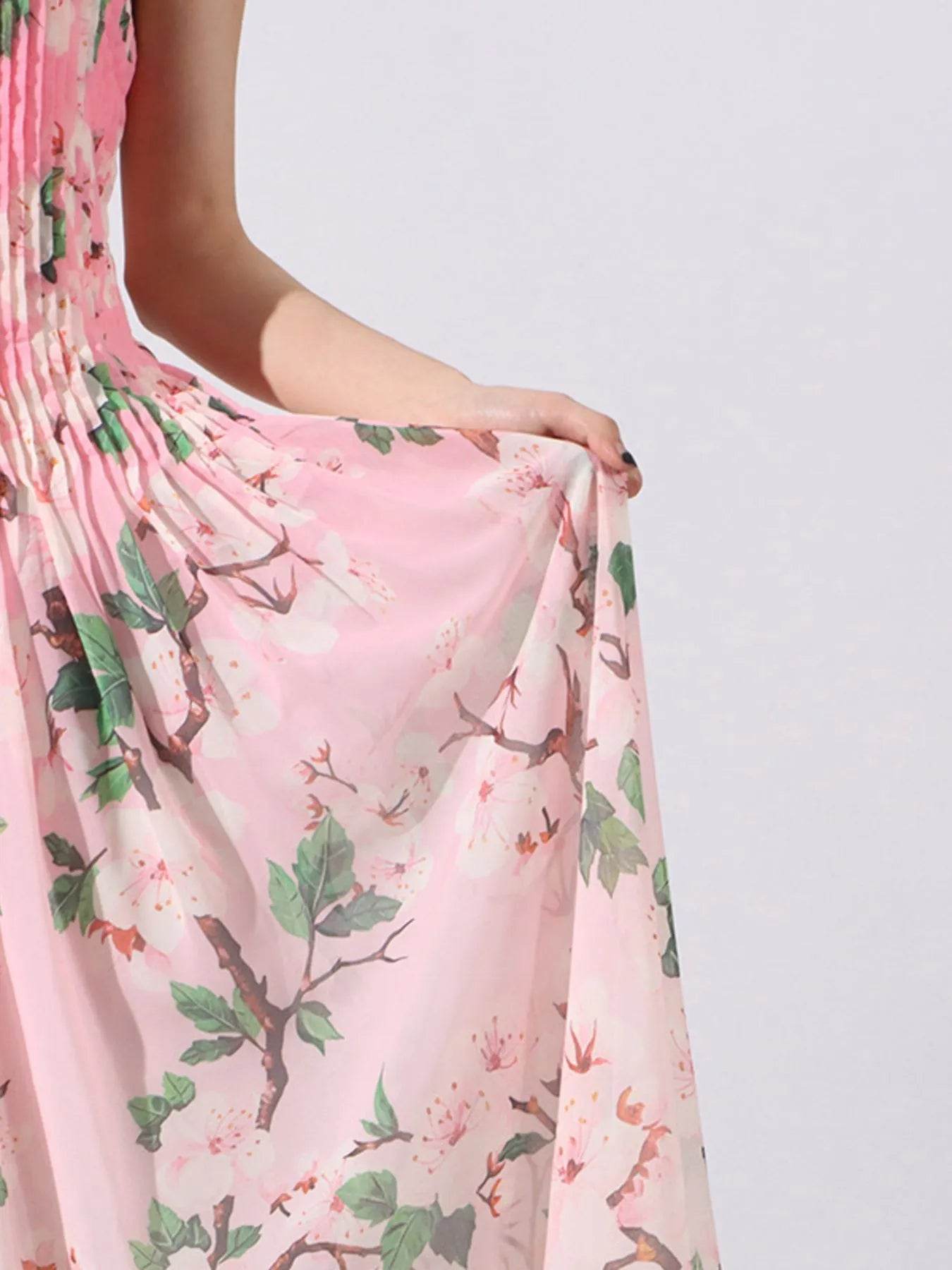 Floral Print Pleated Maxi Dress - Tredona LLC