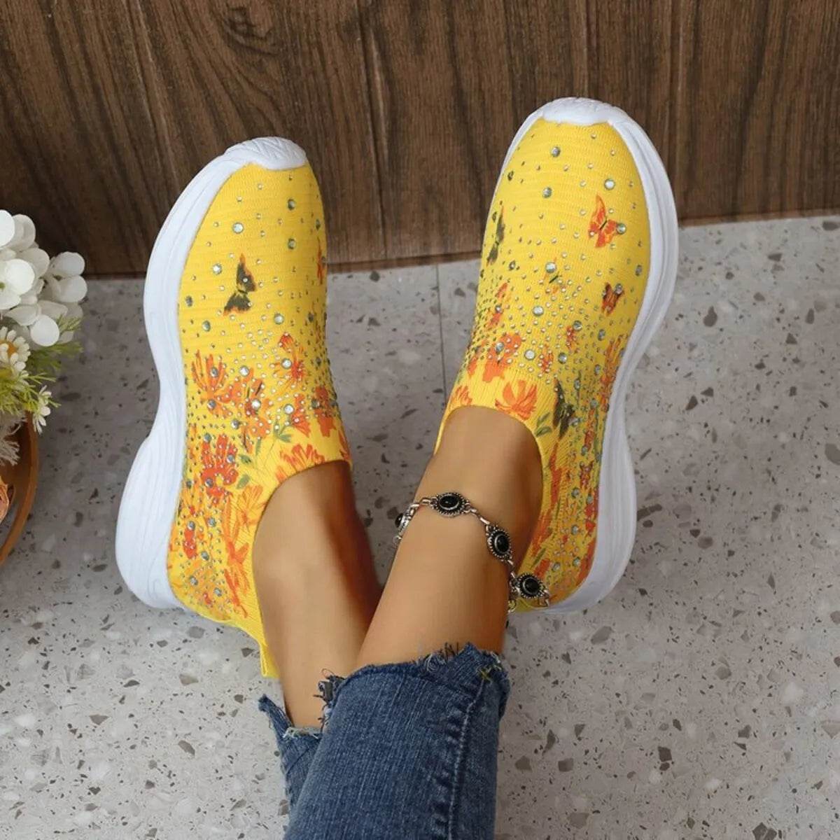 Rhinestone Floral Print Sneakers - Tredona LLC