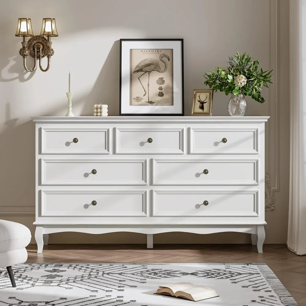 RoyalCraft White 7 Drawer Dresser for Bedroom, Modern Chest of Drawers with Solid Wood Legs and Painted Finish, Wooden Storage C