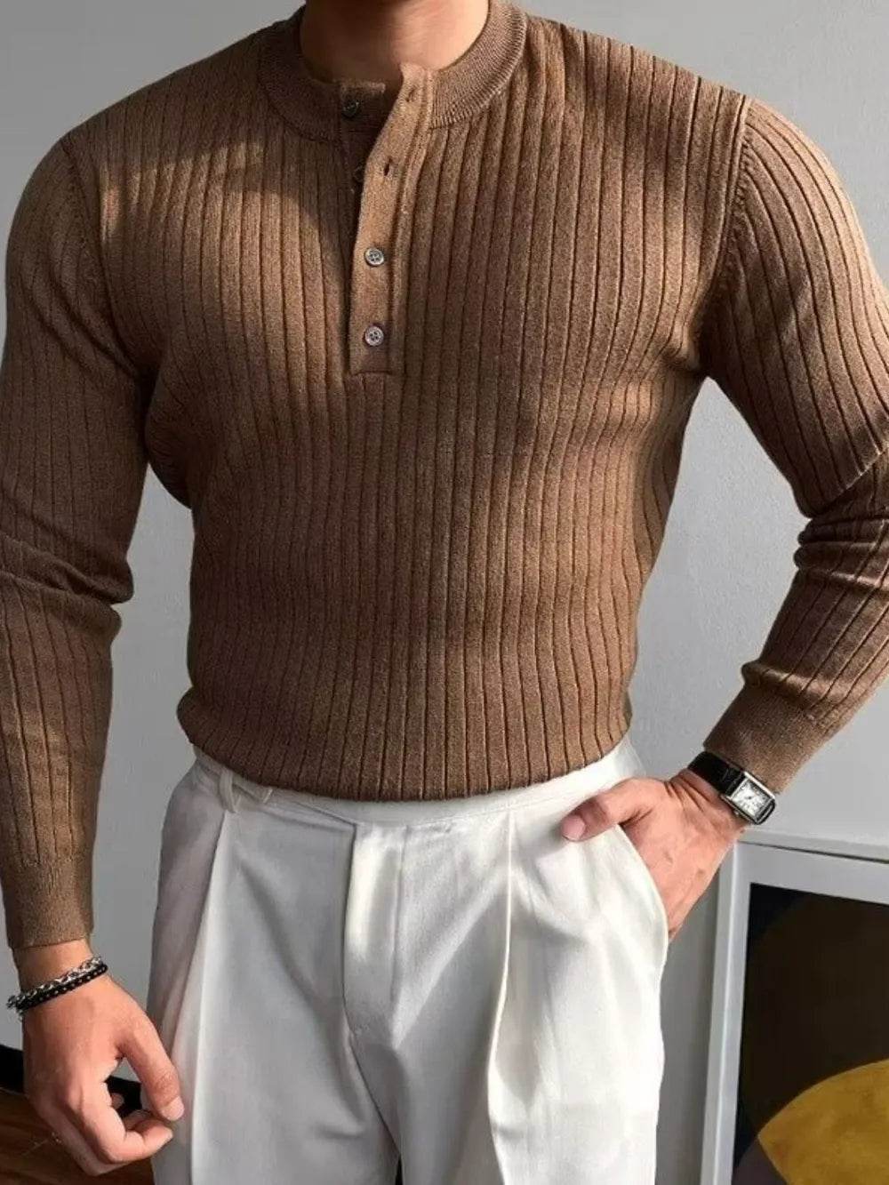 Button Detail Ribbed Long Sleeve Men's Knit Top - Tredona LLC